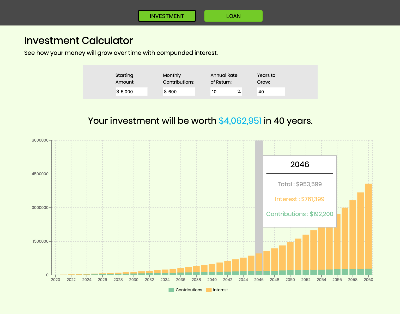 Screenshot of my Investment Loan Calculator React App