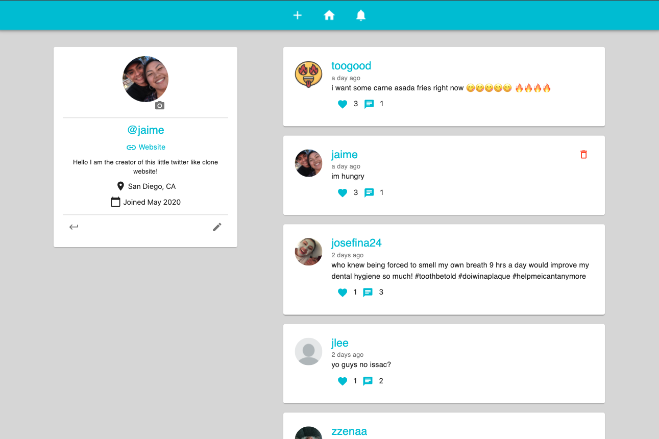 Screenshot of my Twitter Clone
